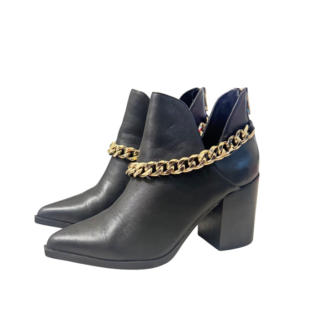 Steve Madden Cedar Chain Bootie Womens 8 Black Leather Gold Chain Block Heel